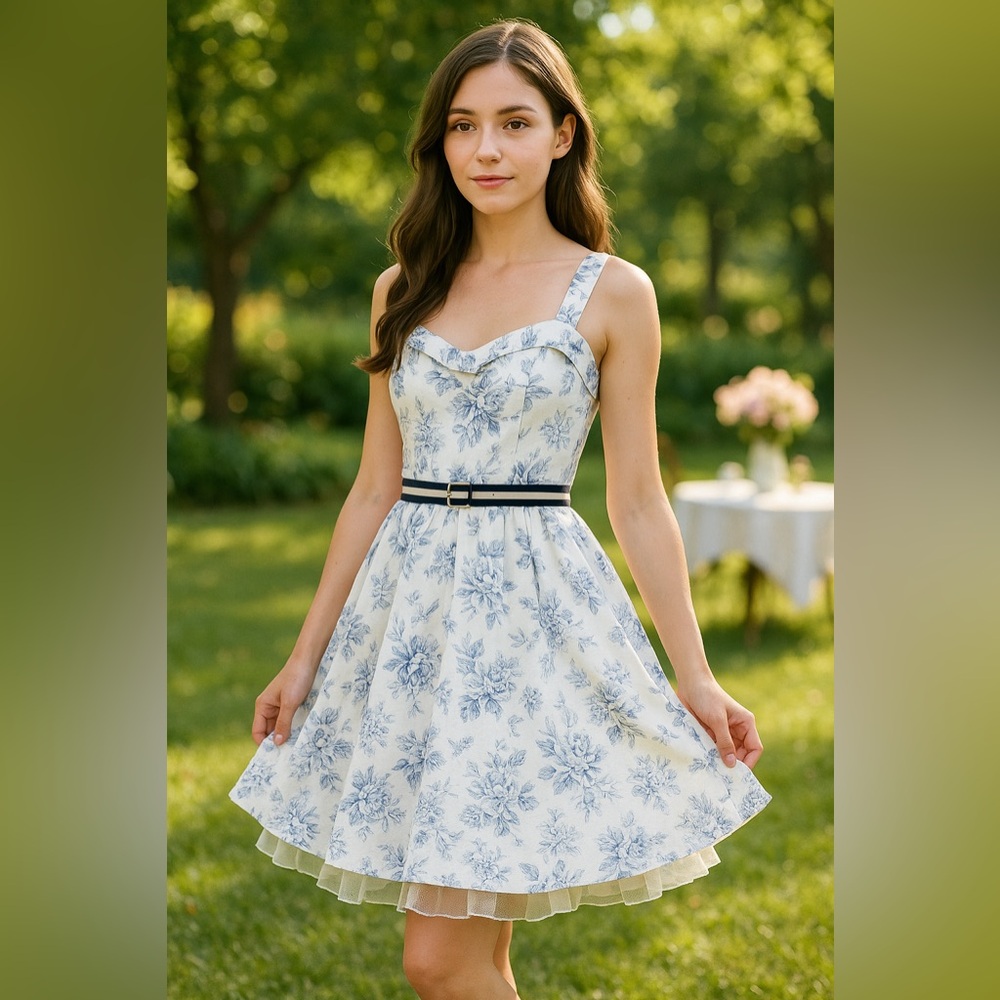 Bailey Blue Toile floral misty blue‎ Cottagecore tea party dress size medium